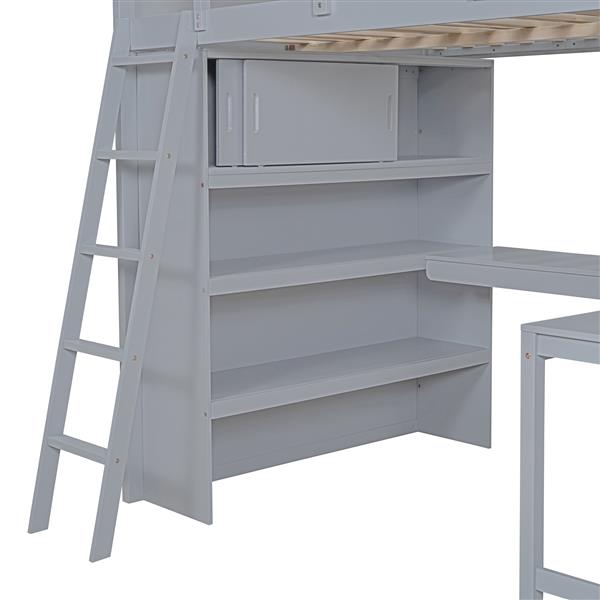 Full Size Loft Bed with Desk and Shelf - Gray