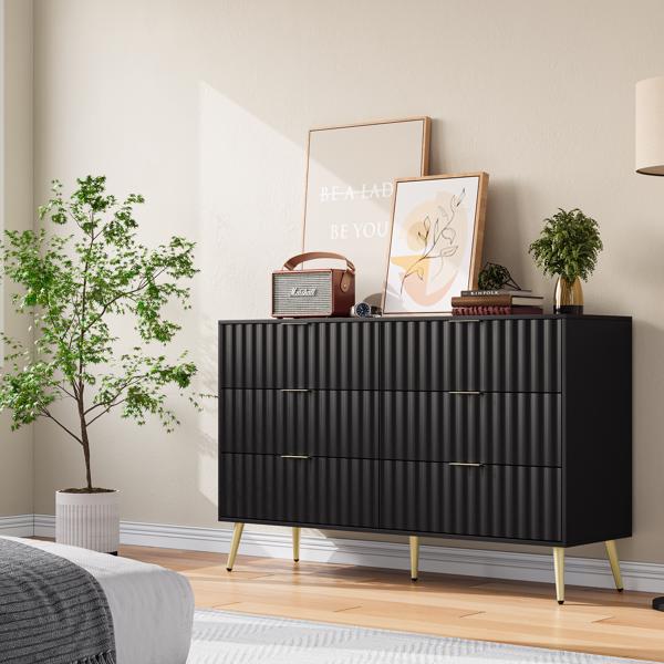 Black Modern 6 Drawers for Living Room for Hallway with Gold Handles Bedroom Chest of Drawers 