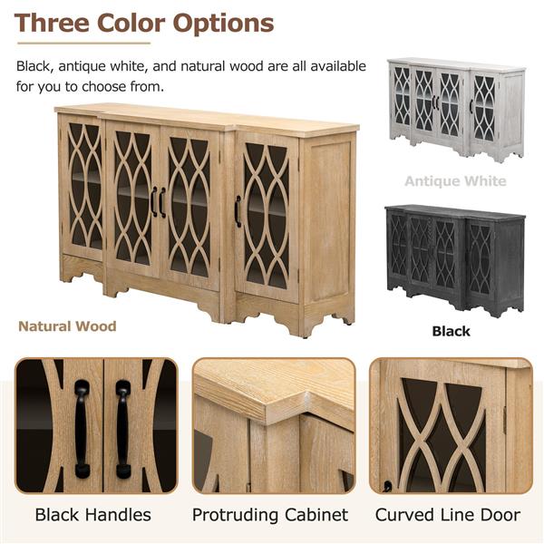 Retro Sideboard Glass Door with Curved Line Design Ample Storage Cabinet with Black Handle and Three Adjustable Shelves for Dining Room and Kitchen (Natural Wood)