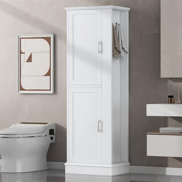 Tall Bathroom Storage Cabinet, Freestanding Storage Cabinet with Hook and Adjustable Shelf, MDF Board, White