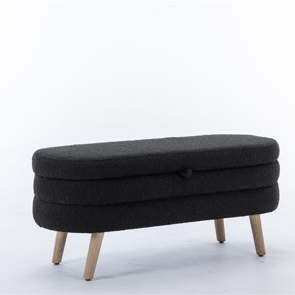 036-Boucle Fabric Storage Bench Bedroom Bench With Wood Legs For Living Room Bedroom Indoor,Black