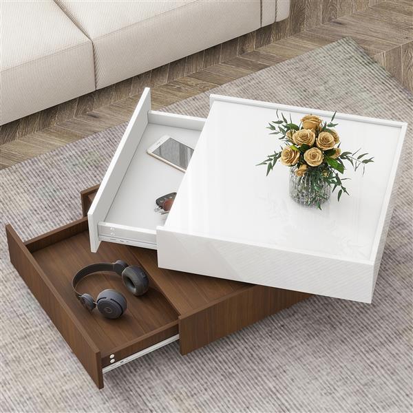 Multi-functional Square 360°Rotating Coffee Table with 2 Drawers, High Gloss 2-Tier Center Table with Swivel Tabletop and Storage, Walnut Table Frame Side Table for Living Room, White