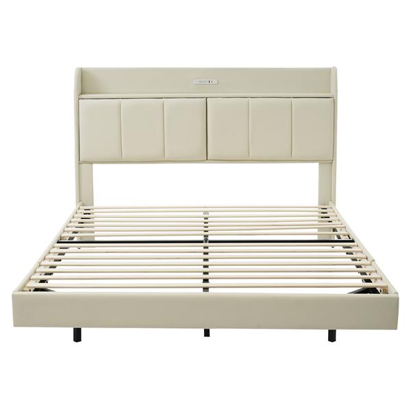 Queen Size Floating Bed Frame with Storage Headboard, Modern Upholstered Platform Bed with Touch Sensor Night Light and USB Charger, Beige