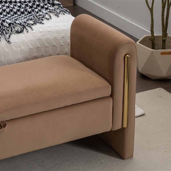 032-Velvet Fabric Storage Bench Bedroom Bench With Gold Metal Trim Strip For Living Room Bedroom Indoor,Coffee