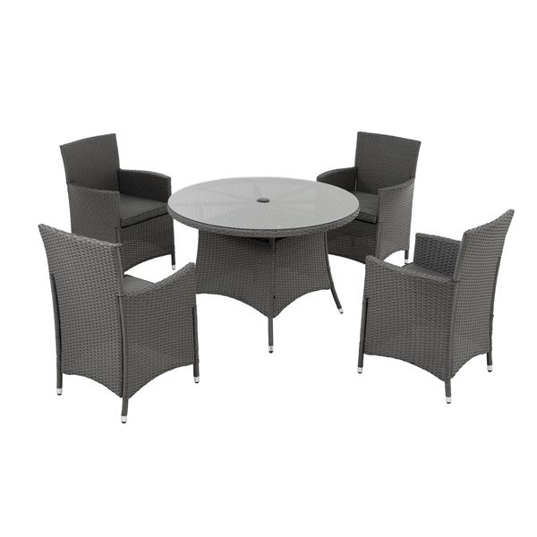 5 Piece Outdoor Dining Set All-Weather Wicker Patio Dining Table and Chairs with Cushions, Round Tempered Glass Tabletop with Umbrella Cutout for Patio Backyard Porch Garden Poolside(Gray-Gray)