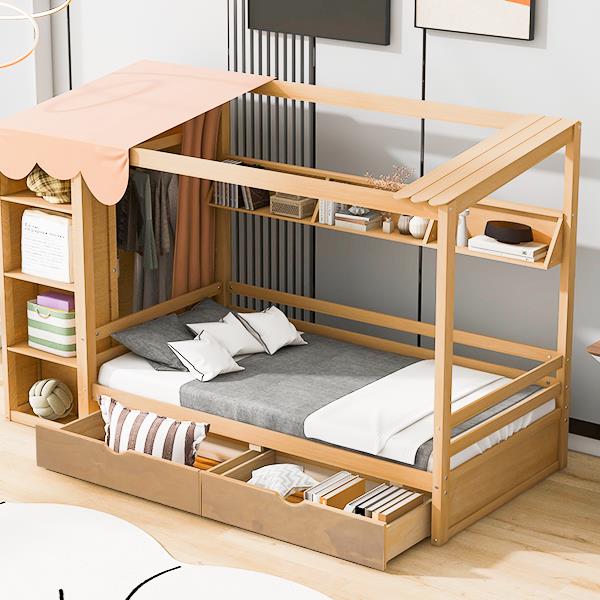 Twin size House Bed with Two Drawers and Wardrobe,Natural