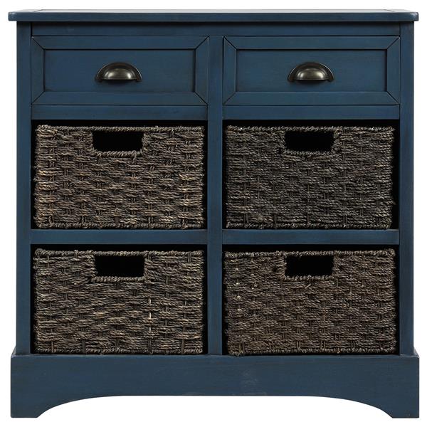 Rustic Storage Cabinet with Two Drawers and Four  Classic Rattan Basket for Dining Room/Entryway/Living Room (Antique Navy)