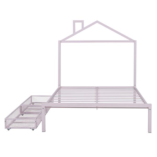 Full Size Metal Platform Bed with two drawers,House-Shaped Headboard Design, Pink