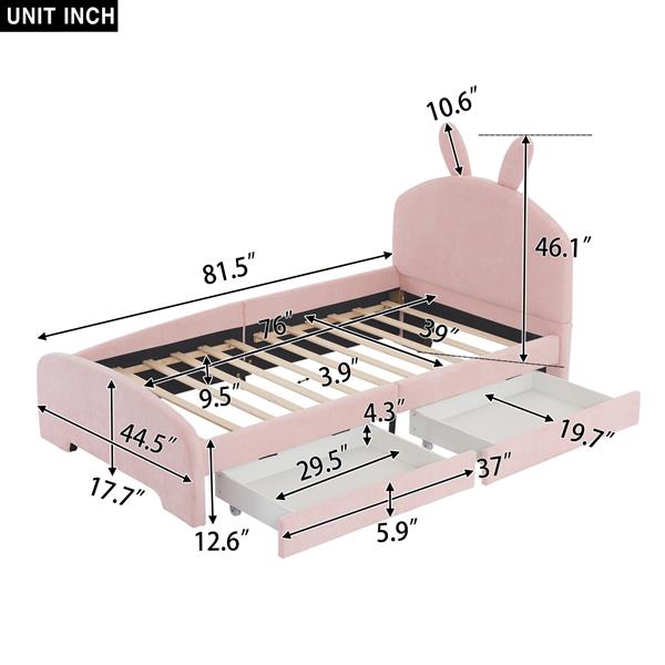 Twin Size Upholstered Platform Bed with Cartoon Ears Shaped Headboard and 2 Drawers, Pink