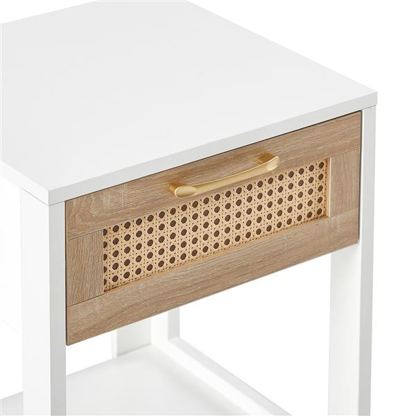 15.75" Rattan End table with  drawer, Modern nightstand, side table for living room, bedroom,white