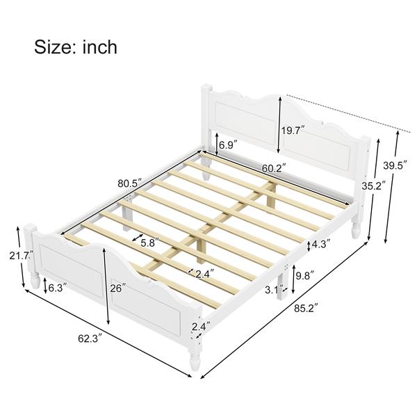 Traditional Concise Style Solid Wood Platform Bed, No Need Box Spring, White Queen