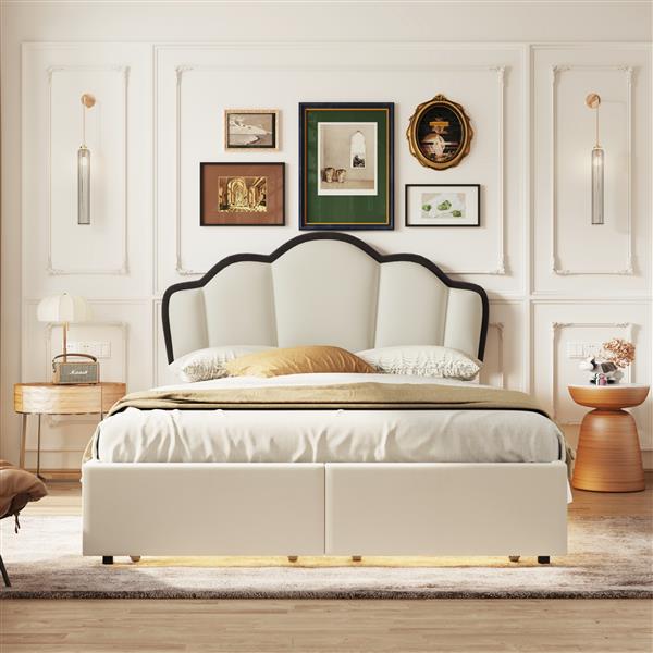 Full Size Upholstered Princess Platform Bed with LED and 2 Storage Drawers, Beige