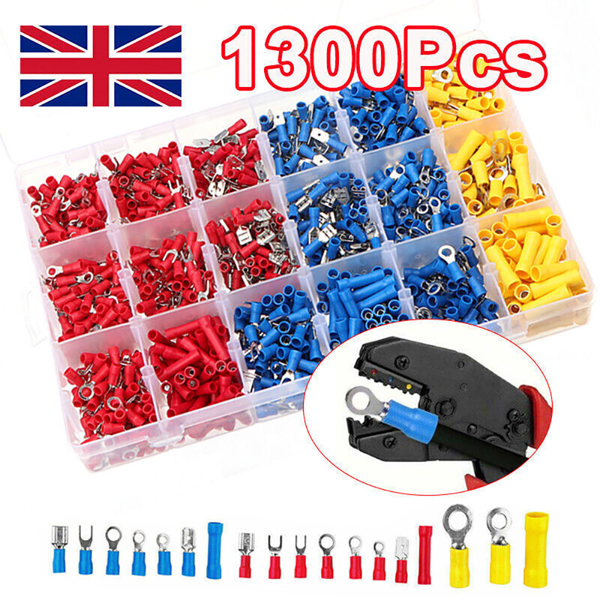 1300 ASSORTED INSULATED ELECTRICAL WIRE TERMINALS CRIMP CONNECTORS SPADE SET UK