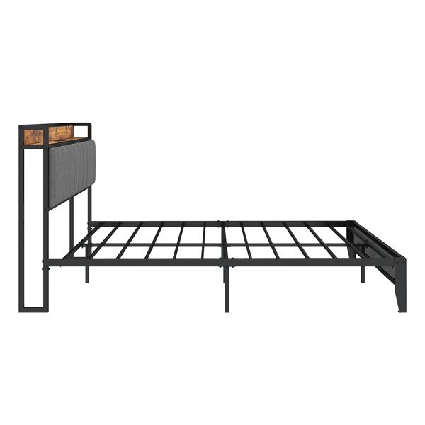 Queen Size Bed Frame with Charging Station, Upholstered Headboard, Metal Platform, Grey