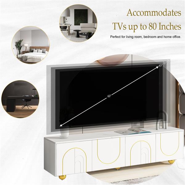 Modern TV Stand for TVs up to 75 Inches, Entertainment Center with Storage Cabinets and 1 Adjustable Shelf, Media Console with Marble-patterned Top and Golden Round Metal Legs for Living room