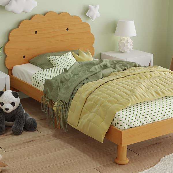 Kids Cookie-Shaped Bed Frame for Boys & Girls,Twin Size Platform Bed, Walnut