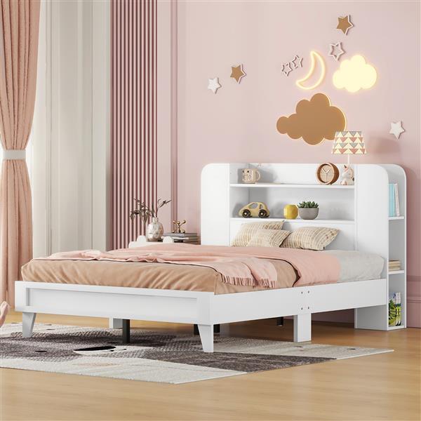 Full Size Platform Bed with Storage Headboard,Multiple Storage Shelves on Both Sides,White