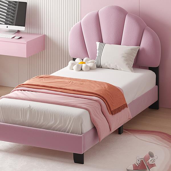 Twin Size Upholstered Velvet Platform Bed with Shell-Shaped Headboard, Pink