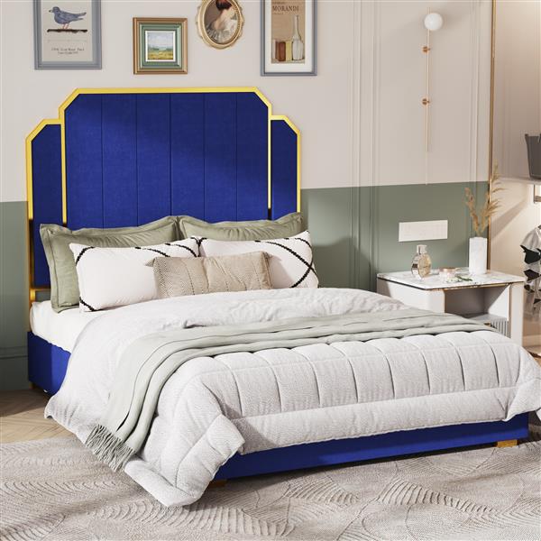 Queen Size Bed Frame and 59.06" Headboard, Upholstered Bed with lden Plating Trim, Modern Platform Bed No Box Spring Needed, Navy Blue Queen Bed