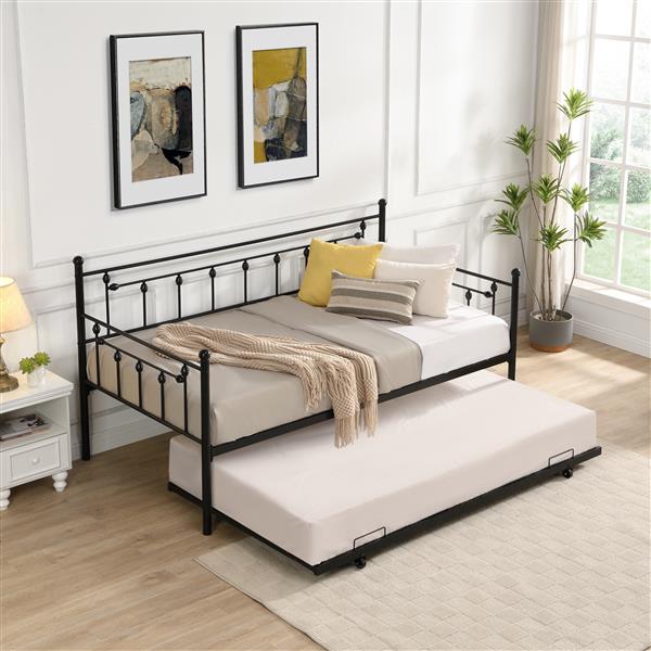 Twin Size Metal Daybed with Pull Out Trundle, Modern 2 in 1 Sofa Bed Frame for Kids Teens Adults,Single Daybed Sofa Bed Frame for Bedroom Living Room Guest Room,No Box Spring Needed