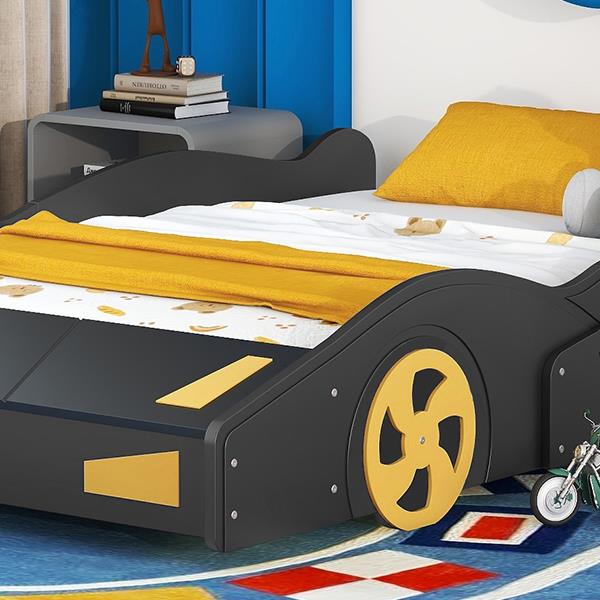 Full Size Race Car-Shaped Platform Bed with Wheels and Storage, Black+Yellow