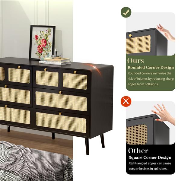 6 Drawer Dresser, Modern Rattan Dresser Chest with Wide Drawers and Metal Handles, Farmhouse Wood Storage Chest of Drawers for Bedroom, Living Room, Hallway, Entryway