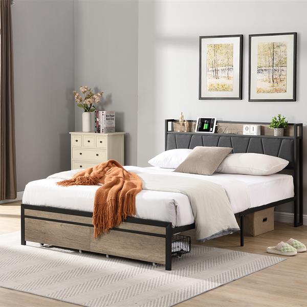 Queen Size  Metal Platform Bed Frame with upholstery storage function Headboard   and USB LINER  and Footboard with drawers , No Box Spring Needed, Large Under Bed Storage, Easy Assemble