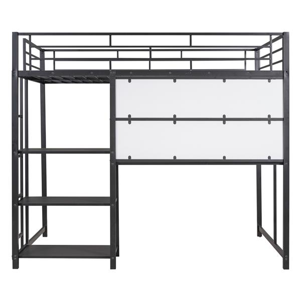 Full Size Loft Bed with Desk and Whiteboard, Metal Loft Bed with 3 Shelves and Ladder, Black