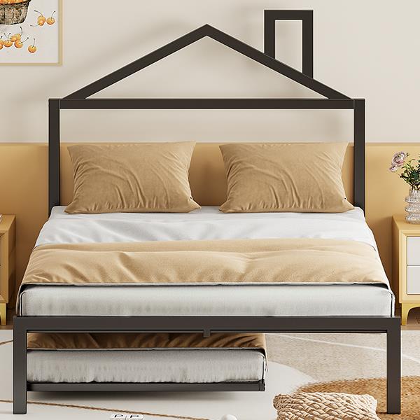 Full Size Metal Platform Bed with twin size trundle,House-Shaped Headboard Design, Black