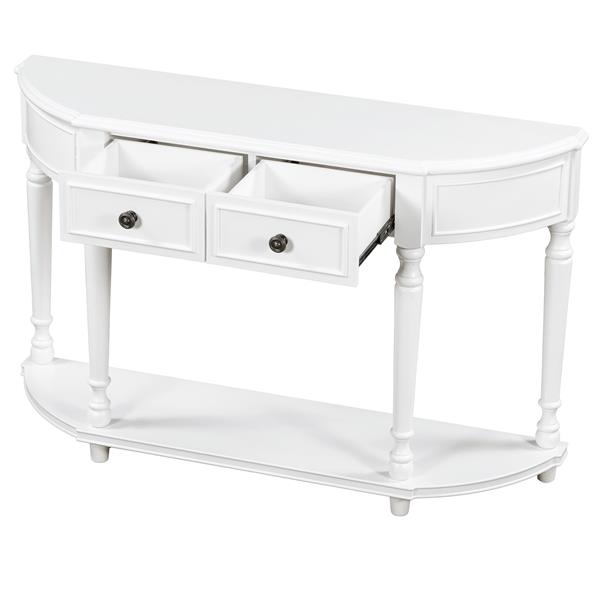 Retro Circular Curved Design Console Table with Open Style Shelf Solid Wooden Frame and Legs Two Top Drawers