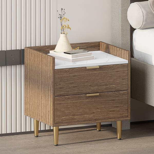 Wooden Nightstand with 2 Drawers and Marbling Worktop, Mordern Wood Bedside Table with Metal Legs&Handles, Walnut