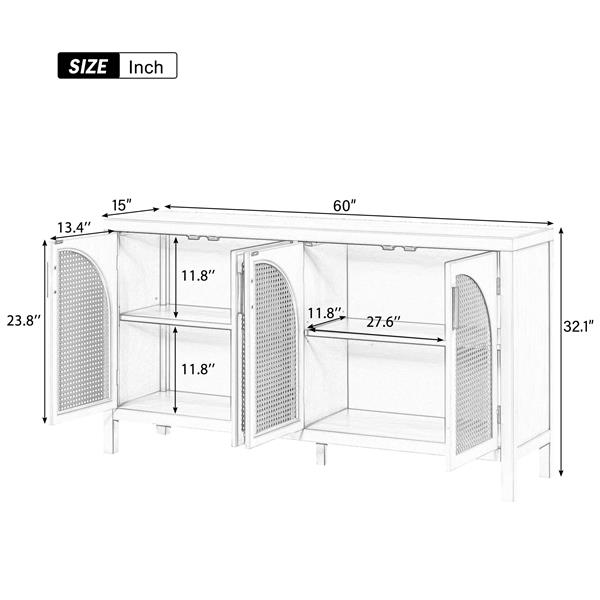 Large Storage Space Sideboard with Artificial Rattan Door and Metal Handles for Living Room and Entryway (White)