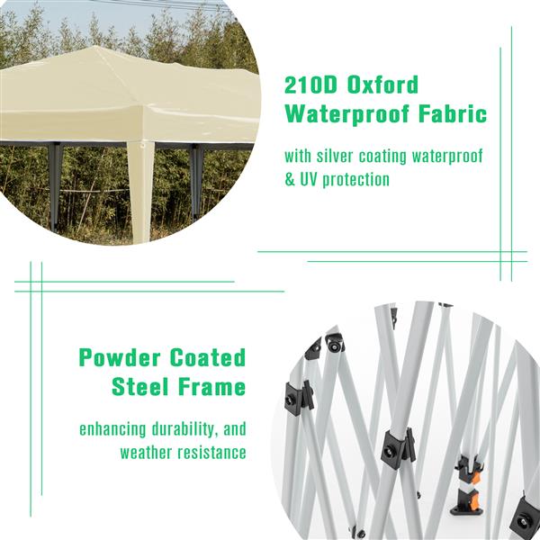 10'x20' Pop Up Canopy Tent with 6 Sidewalls, Ez Pop Up Outdoor Canopy for Parties, Waterproof Commercial Tent with 3 Adjustable Heights, Carry Bag, 6 Sand Bags, 6 Ropes and 12 Stakes, Beige