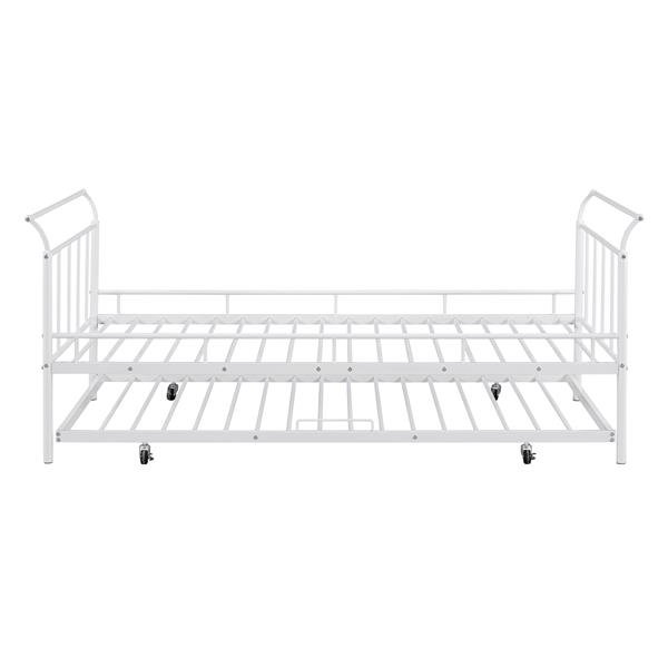 Twin Size Metal Daybed with Curved Handle Design and Twin Size Trundle, White