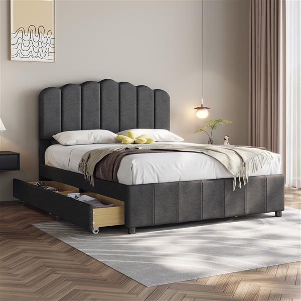 Full Size Upholstered Bed with 4 Storage Drawers,Wood Slat Support, Gray