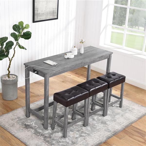 Bar Table Set with Power Outlet, Bar Table and Chairs Set, 4 Piece Dining Table Set, Industrial Breakfast Table Set, for Living Room, Dining Room, Game Room