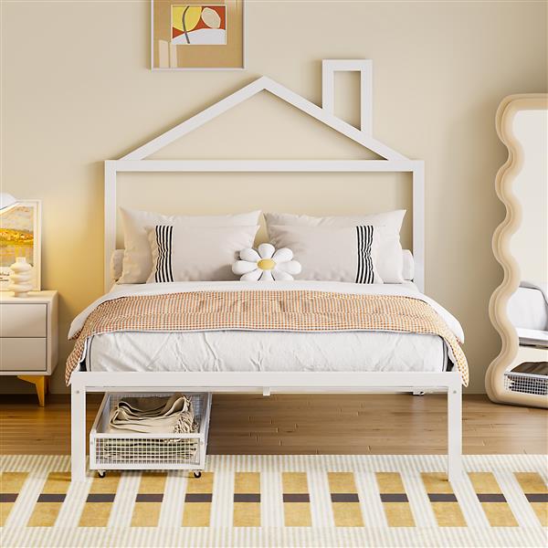 Full Size Metal Platform Bed with two drawers,House-Shaped Headboard Design, White