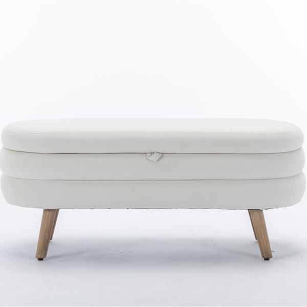 036-Velvet Fabric Storage Bench Bedroom Bench With Wood Legs For Living Room Bedroom Indoor,Ivory