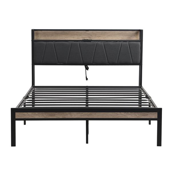 Queen  Size  Metal Platform Bed Frame with upholstery storage function Headboard   and USB LINER  and Footboard  , No Box Spring Needed, Large Under Bed Storage, Easy Assemble