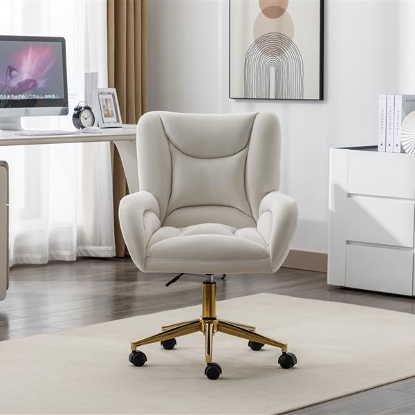 005-Velvet Fabric 360 Swivel Home Office Chair With Gold Metal Base And Universal Wheels,Ivory