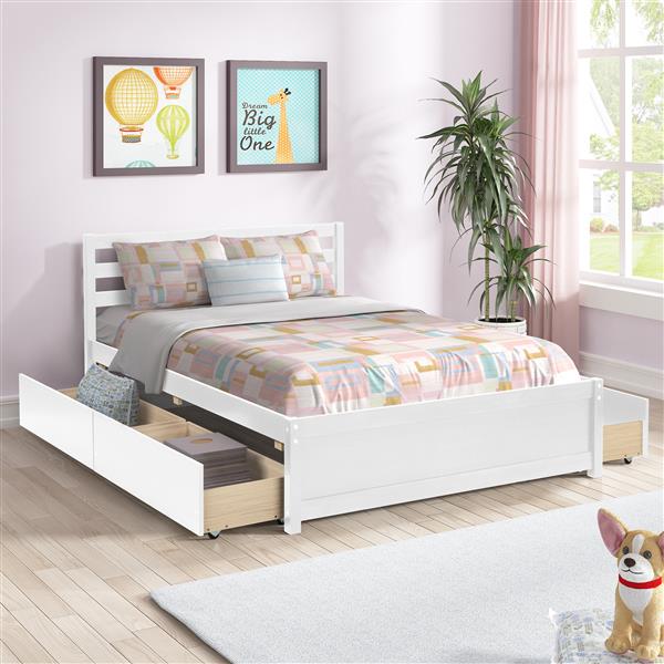 Full Size Wood Platform Bed Frame with 4 Storage Drawers and Headboard of White Color for All Ages