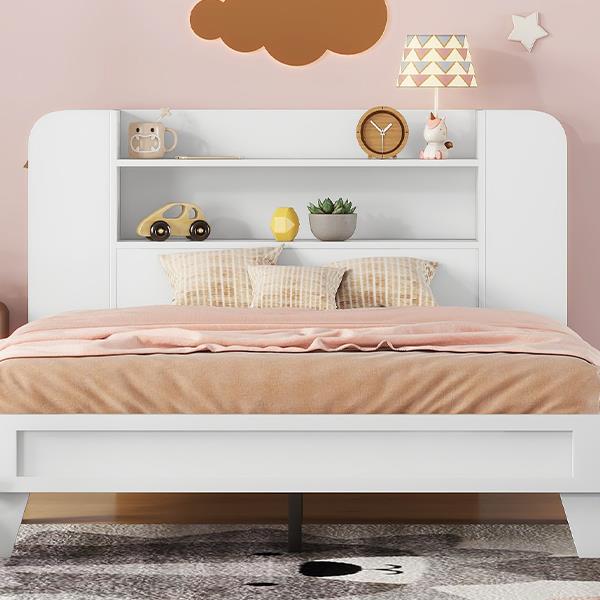 Full Size Platform Bed with Storage Headboard,Multiple Storage Shelves on Both Sides,White