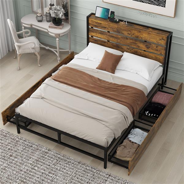 Metal Platform Bed With Four drawers, Sockets and USB Ports, Full, Black