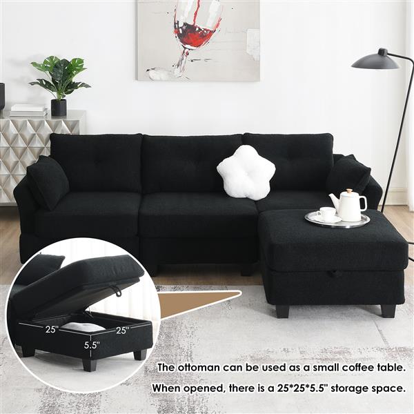 [VIDEO provided] [New] 92*63"Modern Teddy Velvet Sectional Sofa,Charging Ports on Each Side,L-shaped Couch with Storage Ottoman,4 seat Interior Furniture for Living Room, Apartment,3 Colors(3 pillows)