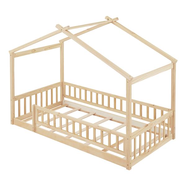 Twin Size Wood Bed House Bed Frame with Fence, for Kids, Teens, Girls, Boys,Natural