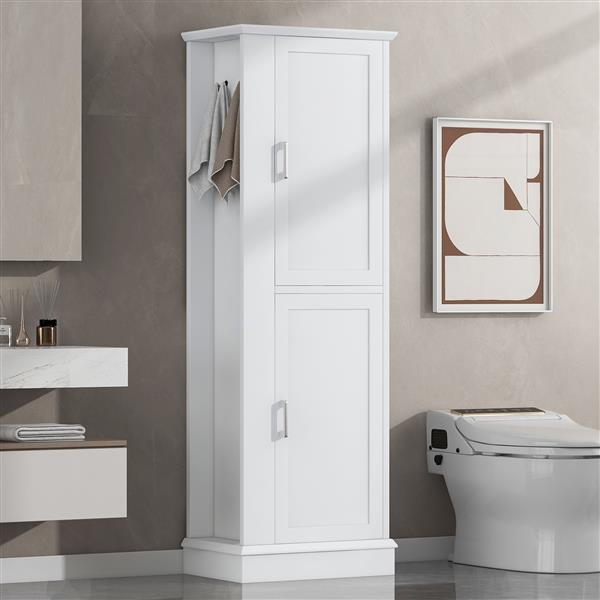 Tall Bathroom Storage Cabinet, Freestanding Storage Cabinet with Hook and Adjustable Shelf, MDF Board, White