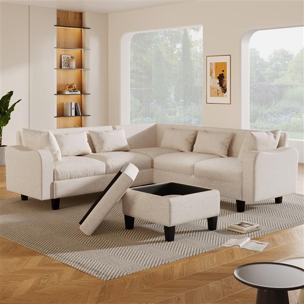 [New]87" Modern Sectional Sofa with coffee table,6-Seat Couch Set with Storage Ottoman,Various Combinations,L-Shape Indoor Furniture with Unique Armrests for Living Room,Apartment, 2 Colors(6 pillows)