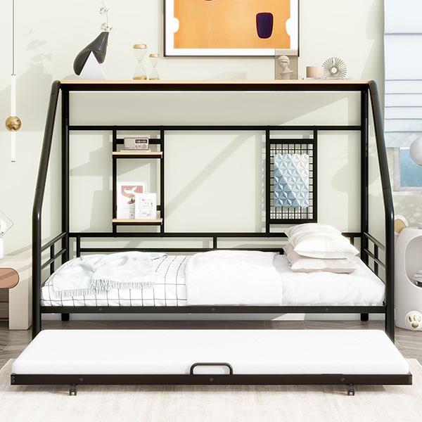 Full Size Metal House Bed with Trundle, Black