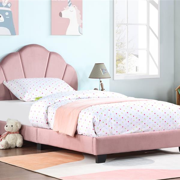 Upholstered Twin Size Platform Bed for Kids, Wooden Bed Frame with Slatted Bed Base, No Box Spring Needed, Cute Bed Frame with Shell Design Headboard for Girls Boys Teens, Pink