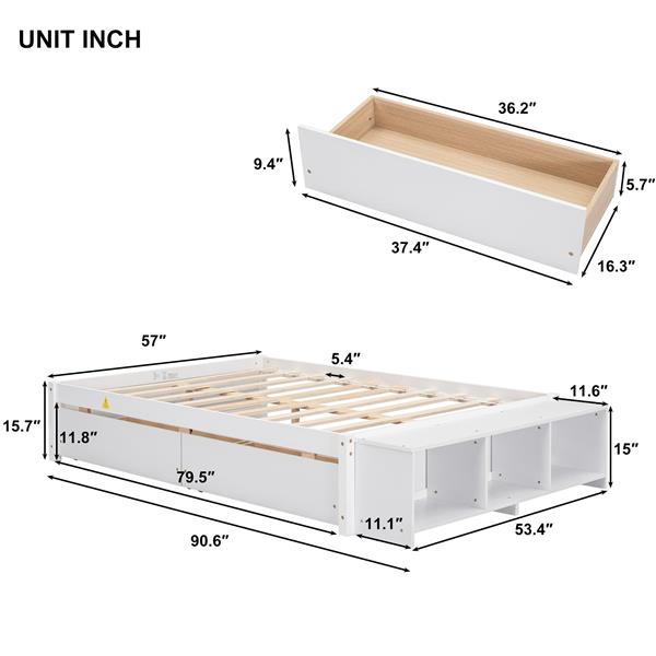 Full Size Bed with Storage Case, 2 Storage drawers, Lengthwise Support Slat,White